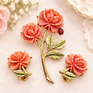 Vintage JJ Jonette Pink Rose Ladybug Brooch Clip Earrings Set Floral Cottagecore
